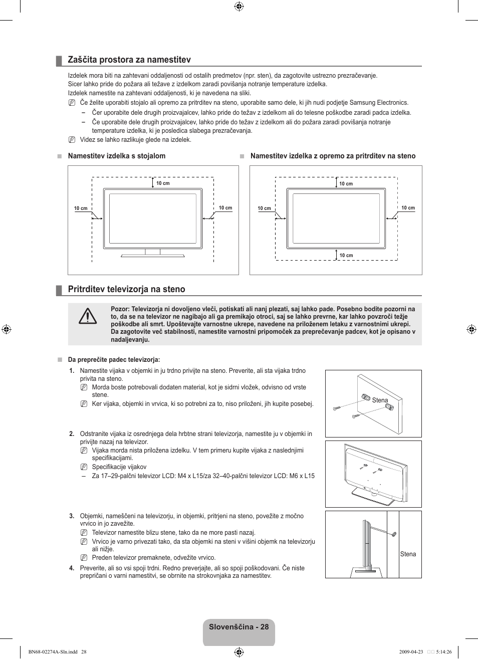 Zaščita prostora za namestitev, Pritrditev televizorja na steno | Samsung LE32B530P7N User Manual | Page 242 / 282