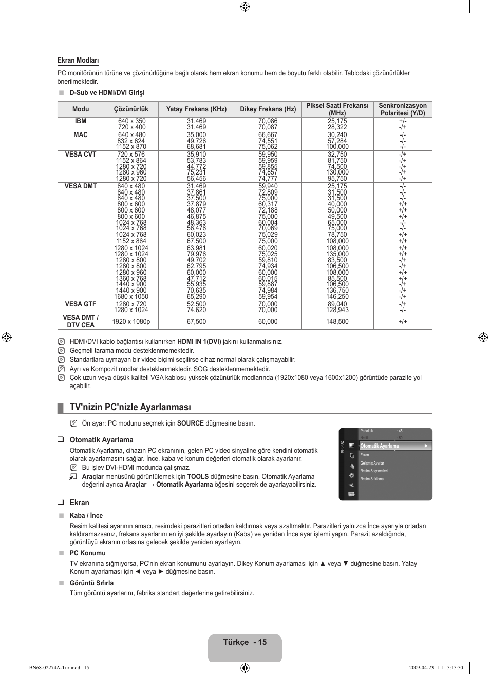Tv'nizin pc'nizle ayarlanması | Samsung LE32B530P7N User Manual | Page 259 / 282