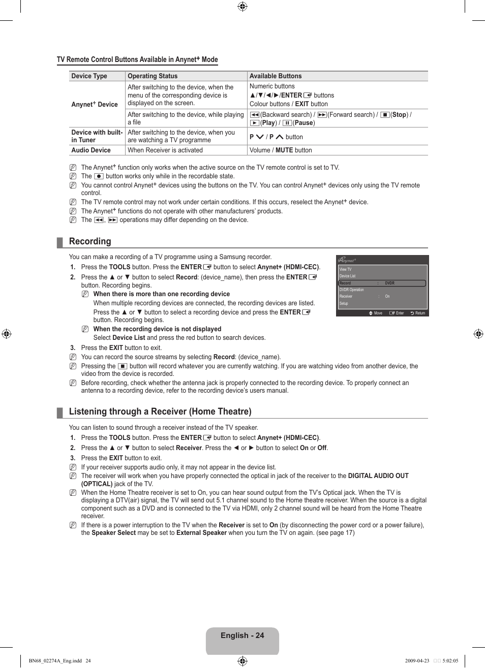 Recording, Listening through a receiver (home theatre) | Samsung LE32B530P7N User Manual | Page 26 / 282