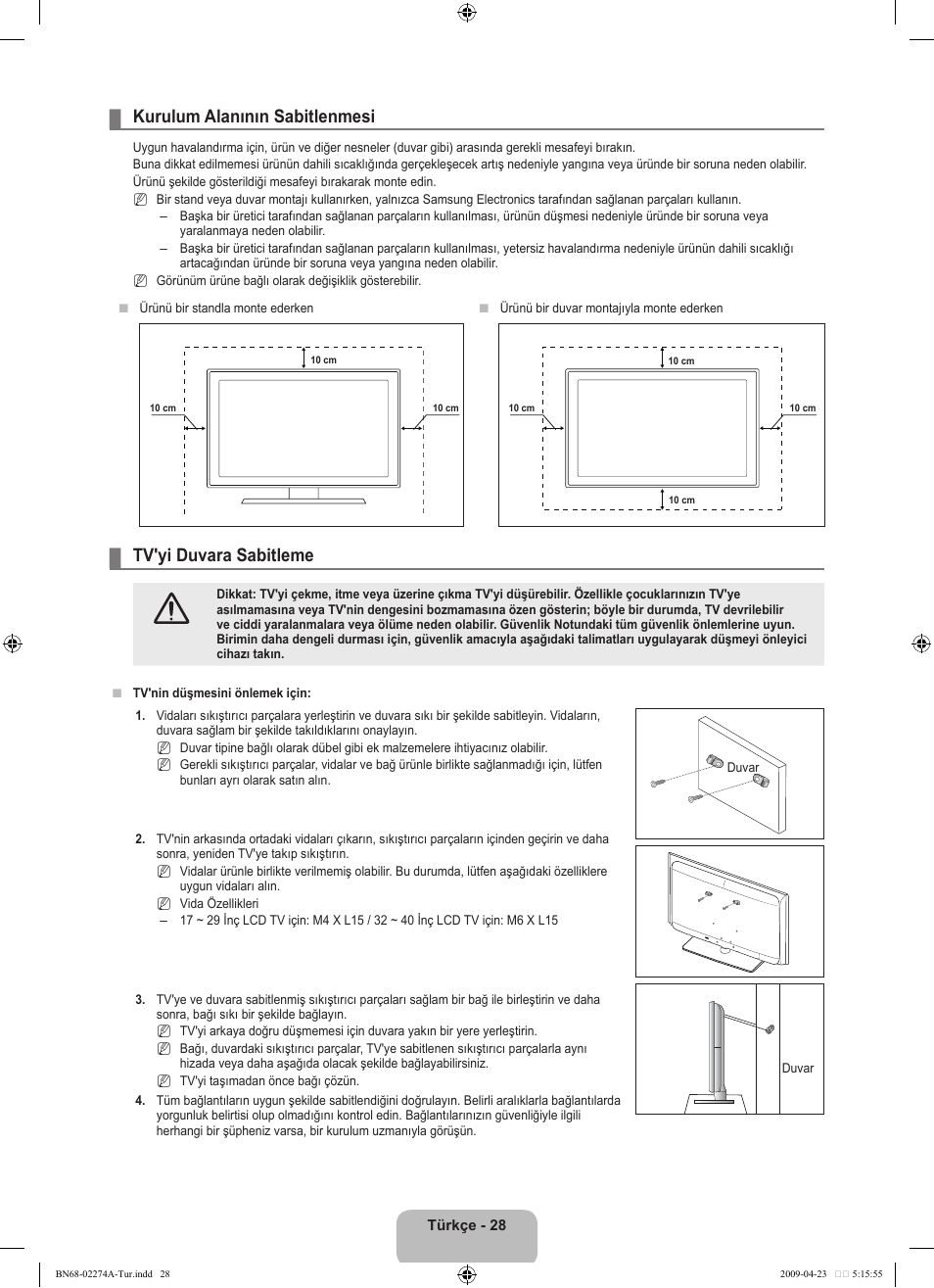 Kurulum alanının sabitlenmesi, Tv'yi duvara sabitleme | Samsung LE32B530P7N User Manual | Page 272 / 282