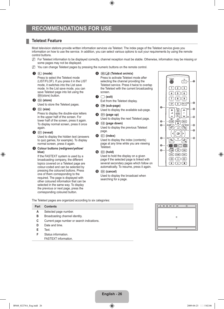 Recommendations for use, Teletext feature | Samsung LE32B530P7N User Manual | Page 28 / 282