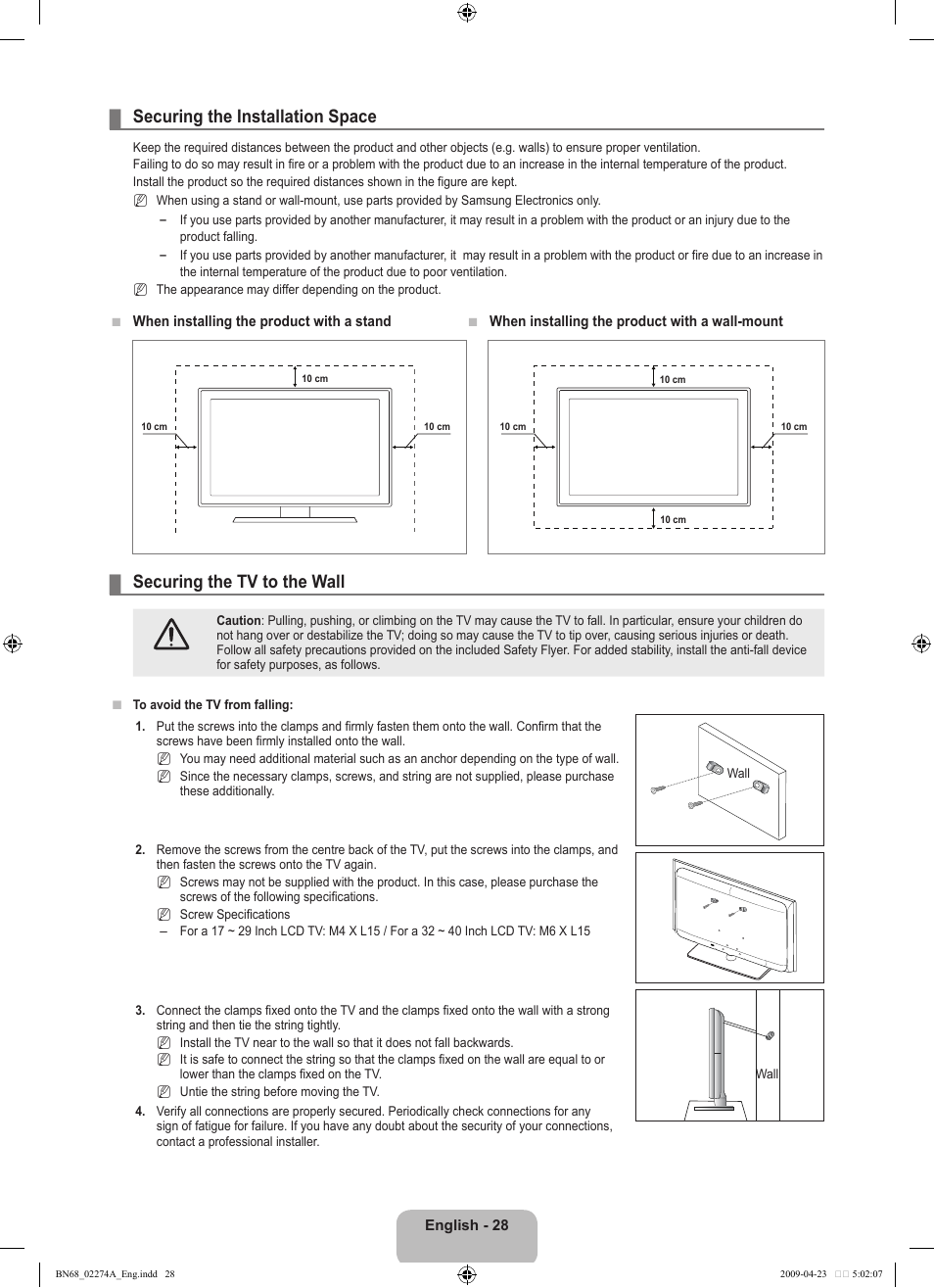 Securing the installation space, Securing the tv to the wall | Samsung LE32B530P7N User Manual | Page 30 / 282