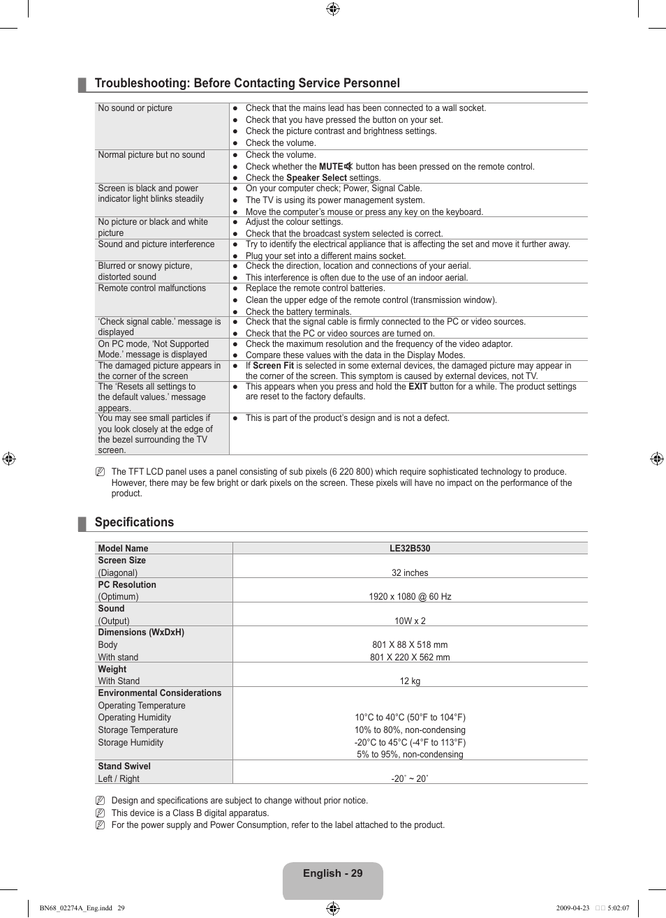 Specifications | Samsung LE32B530P7N User Manual | Page 31 / 282