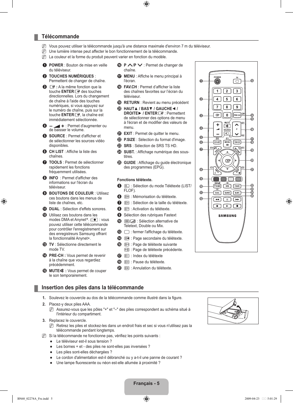 Télécommande, Insertion des piles dans la télécommande | Samsung LE32B530P7N User Manual | Page 37 / 282