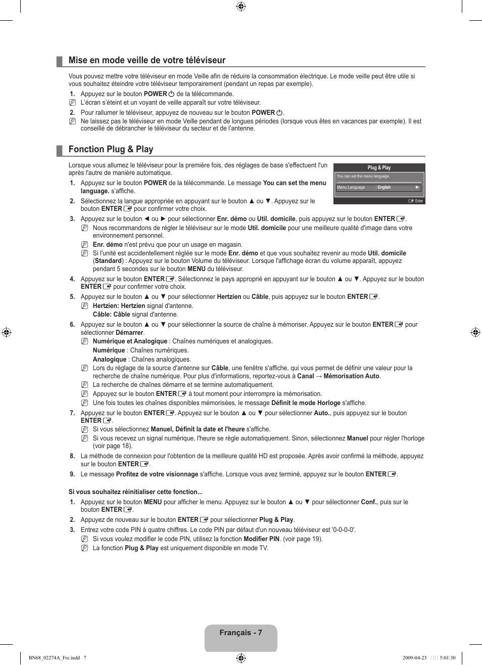 Mise en mode veille de votre téléviseur, Fonction plug & play | Samsung LE32B530P7N User Manual | Page 39 / 282