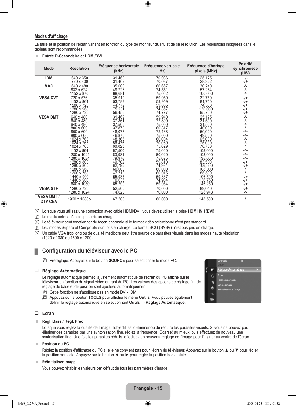 Configuration du téléviseur avec le pc | Samsung LE32B530P7N User Manual | Page 47 / 282