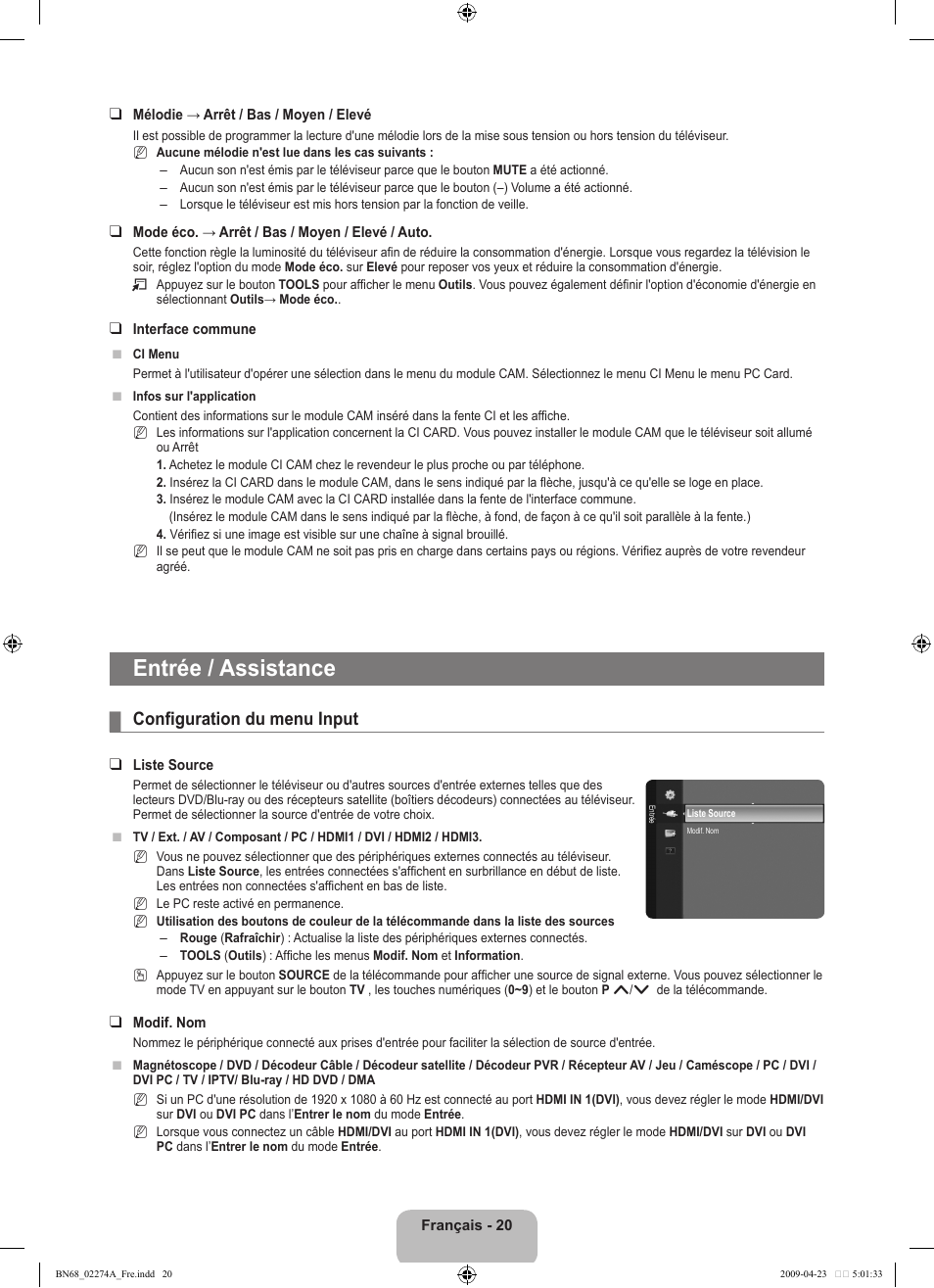 Entrée / assistance, Configuration du menu input | Samsung LE32B530P7N User Manual | Page 52 / 282