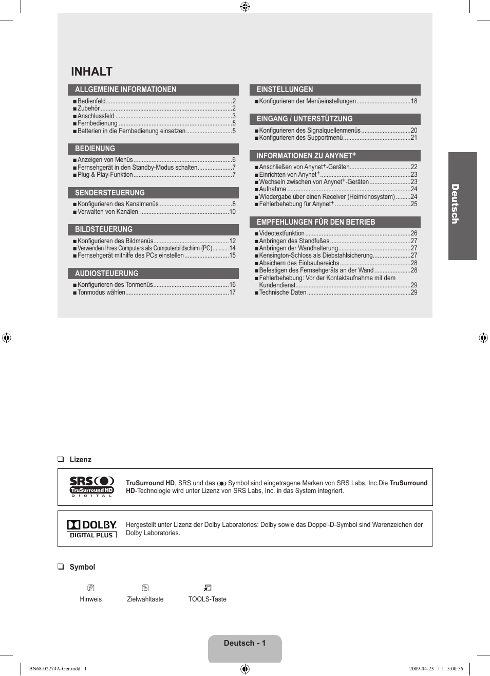Inhalt, Deutsc h | Samsung LE32B530P7N User Manual | Page 63 / 282