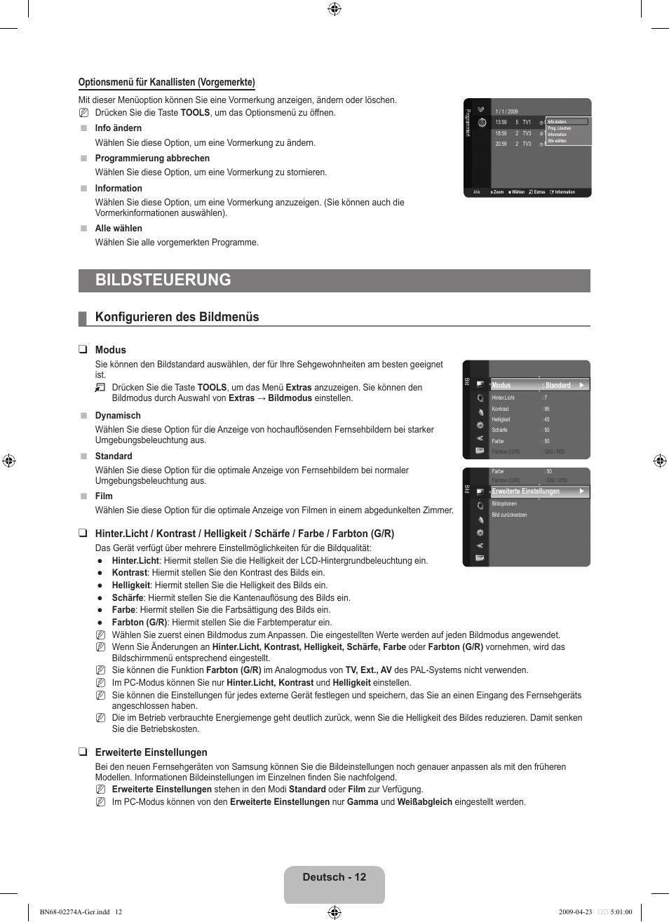 Bildsteuerung, Konfigurieren des bildmenüs, Modus | Erweiterte einstellungen | Samsung LE32B530P7N User Manual | Page 74 / 282