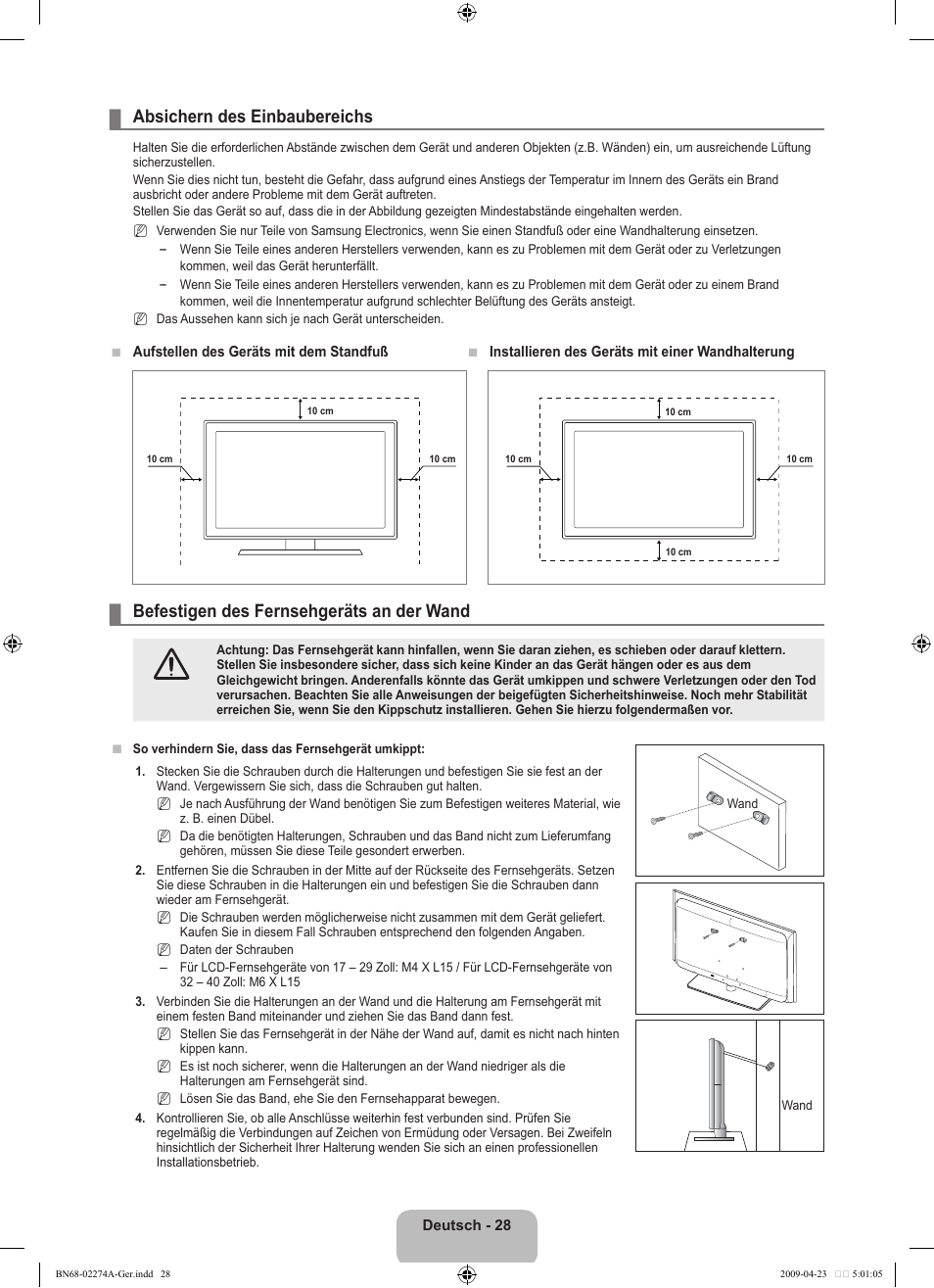 Absichern des einbaubereichs, Befestigen des fernsehgeräts an der wand | Samsung LE32B530P7N User Manual | Page 90 / 282