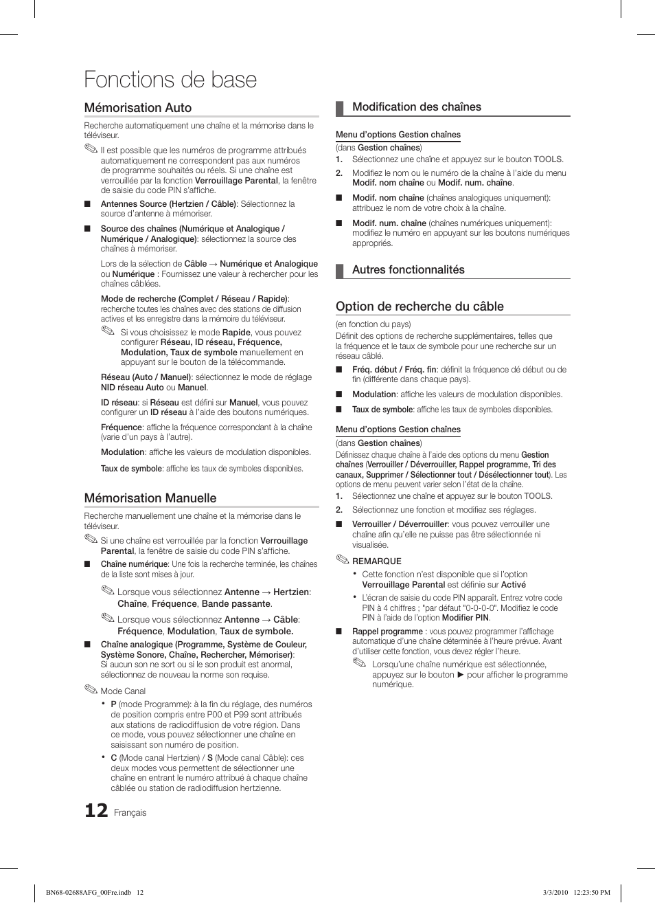 Fonctions de base, Mémorisation auto, Mémorisation manuelle | Option de recherche du câble | Samsung LE32C550J1W User Manual | Page 108 / 194