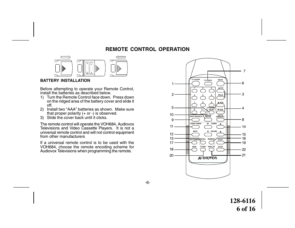 Remote control operation | Audiovox VOH684 User Manual | Page 6 / 16