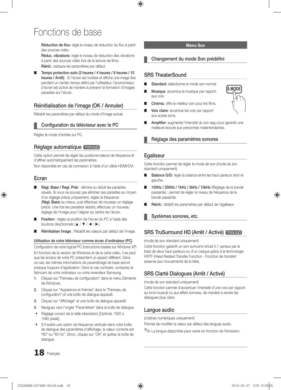 Fonctions de base, Réinitialisation de l'image (ok / annuler), Réglage automatique | Ecran, Srs theatersound, Egaliseur, Srs trusurround hd (arrêt / activé), Srs clarté dialogues (arrêt / activé), Langue audio | Samsung UE37C6000RW User Manual | Page 126 / 217