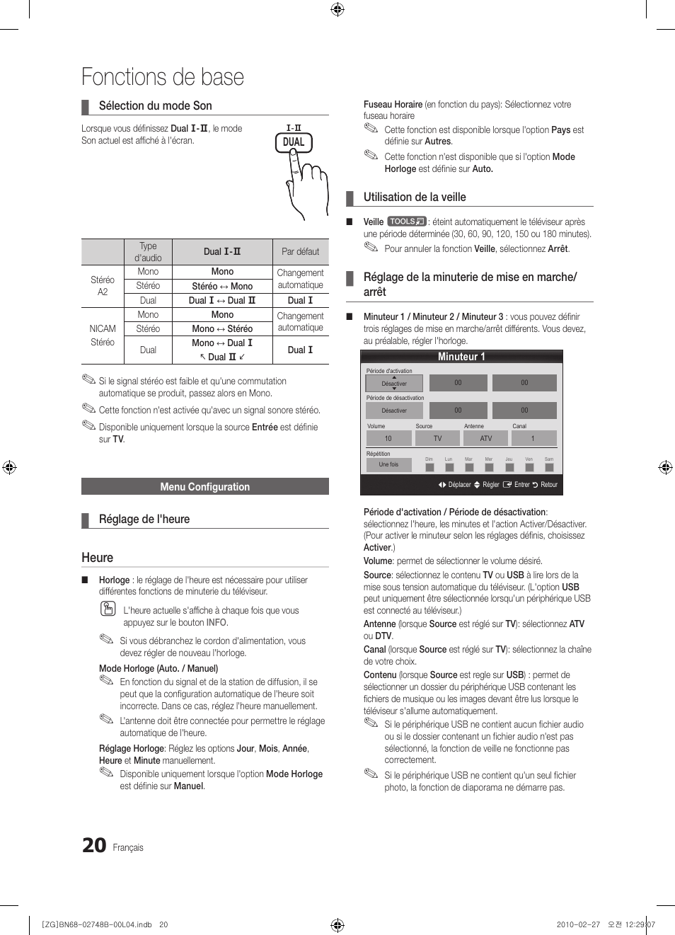 Fonctions de base, Heure | Samsung UE37C6000RW User Manual | Page 128 / 217