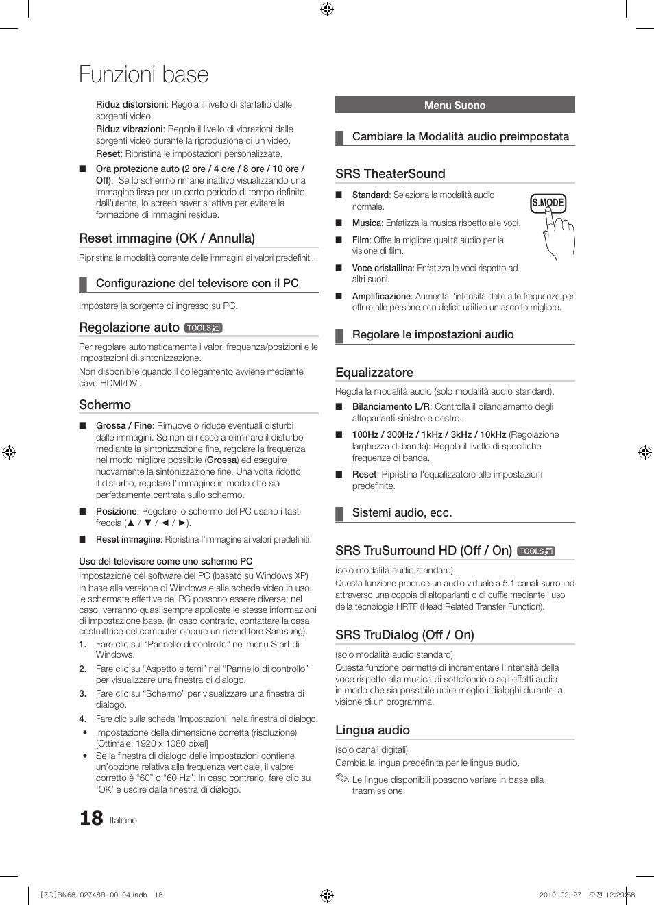 Funzioni base, Reset immagine (ok / annulla), Regolazione auto | Schermo, Srs theatersound, Equalizzatore, Srs trusurround hd (off / on), Srs trudialog (off / on), Lingua audio | Samsung UE37C6000RW User Manual | Page 180 / 217