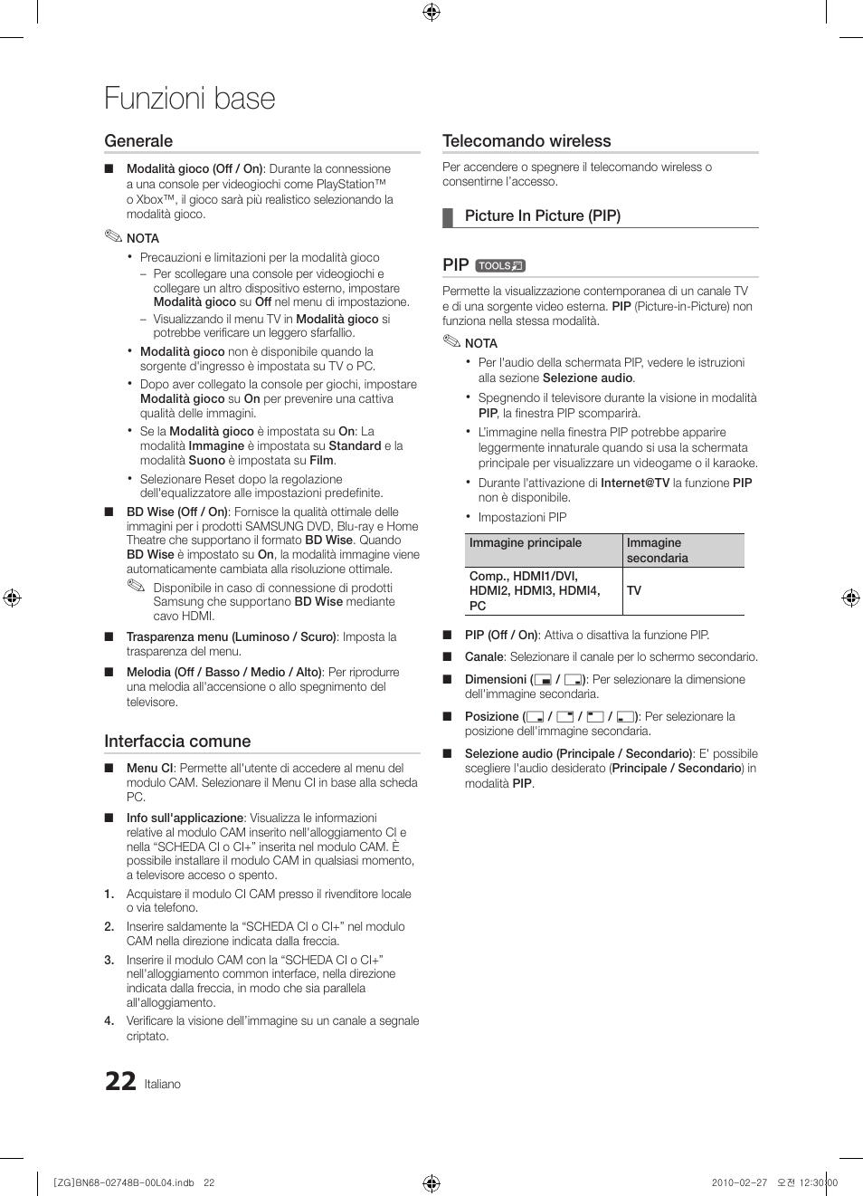Funzioni base, Generale, Interfaccia comune | Telecomando wireless | Samsung UE37C6000RW User Manual | Page 184 / 217
