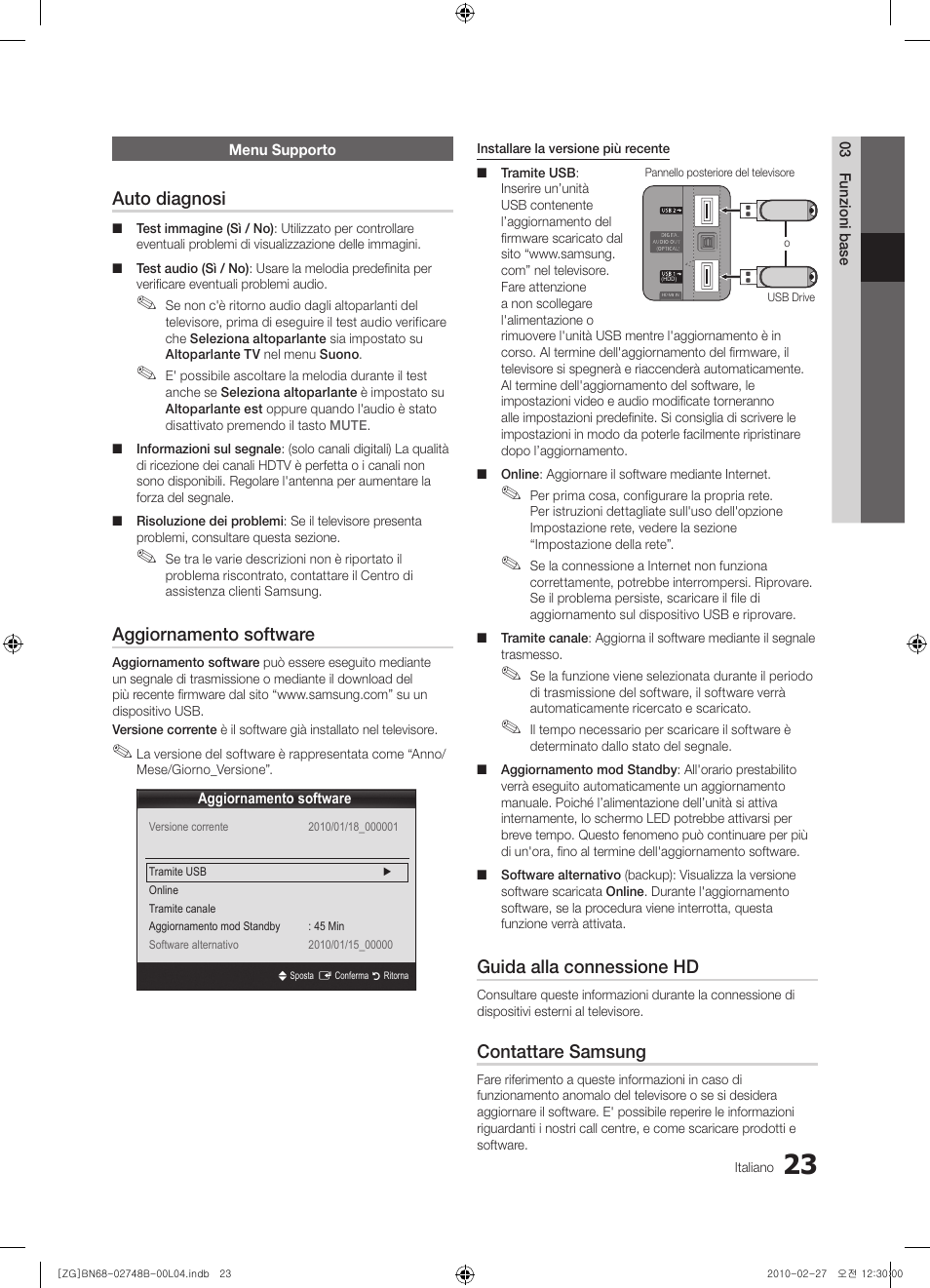 Auto diagnosi, Aggiornamento software, Guida alla connessione hd | Contattare samsung | Samsung UE37C6000RW User Manual | Page 185 / 217