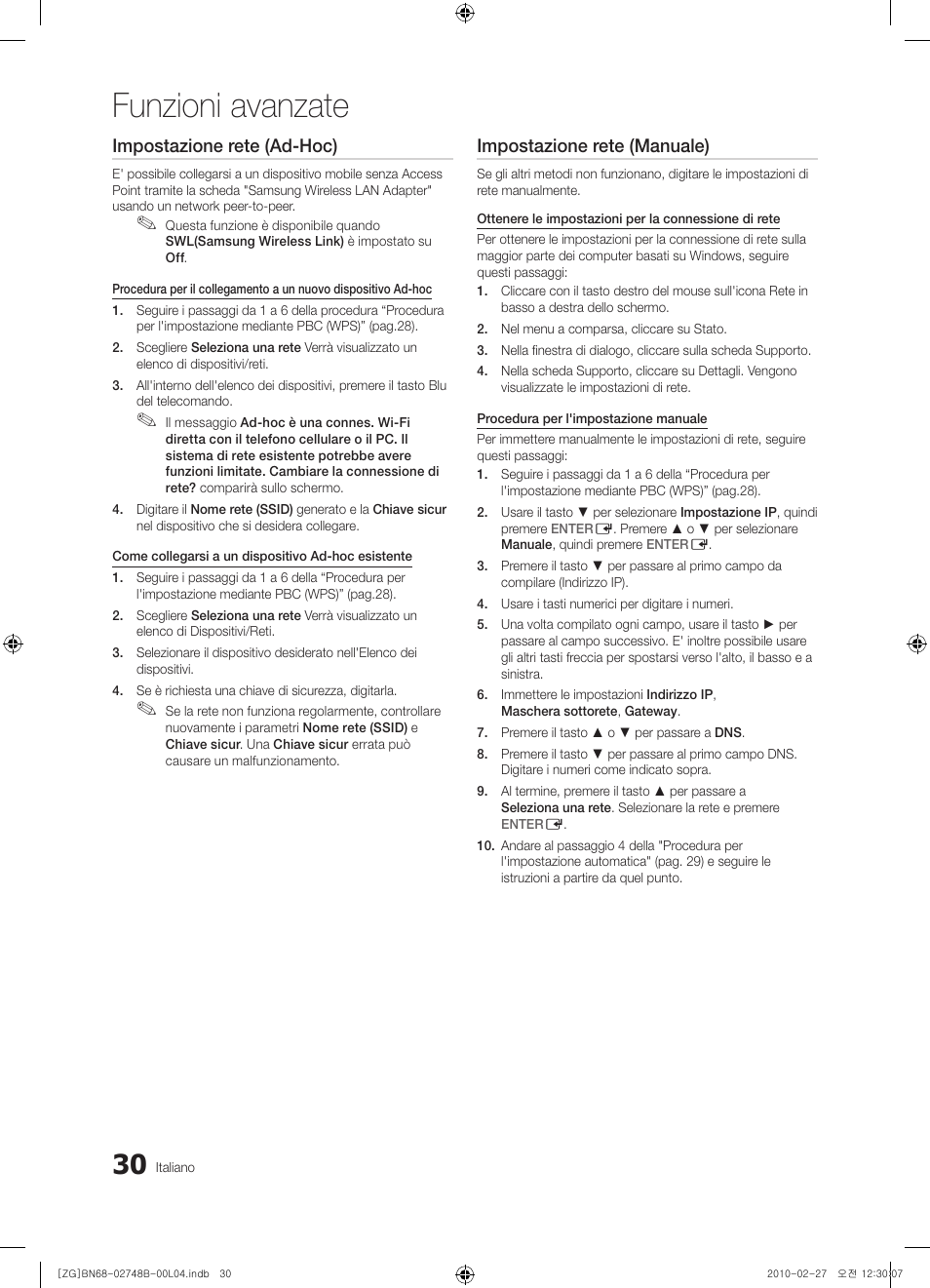 Funzioni avanzate, Impostazione rete (ad-hoc), Impostazione rete (manuale) | Samsung UE37C6000RW User Manual | Page 192 / 217