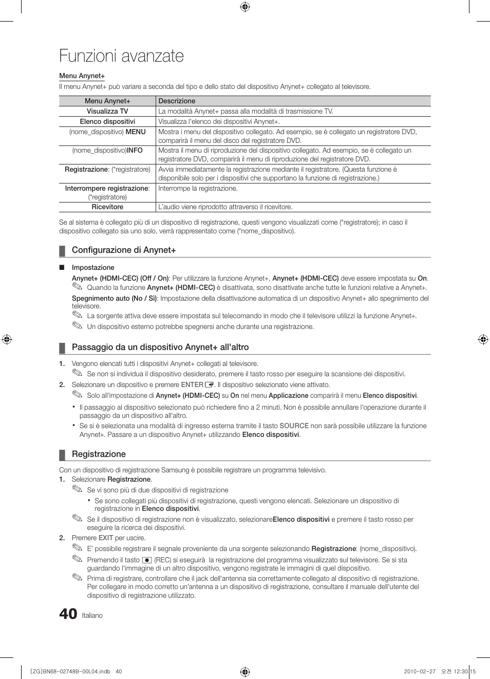 Funzioni avanzate | Samsung UE37C6000RW User Manual | Page 202 / 217