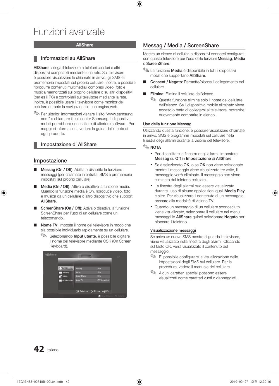 Funzioni avanzate, Impostazione, Messag / media / screenshare | Samsung UE37C6000RW User Manual | Page 204 / 217