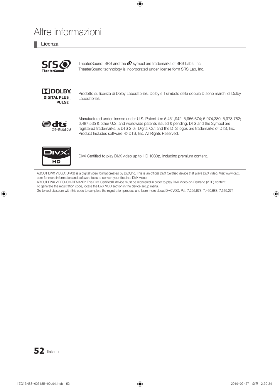 Altre informazioni | Samsung UE37C6000RW User Manual | Page 214 / 217