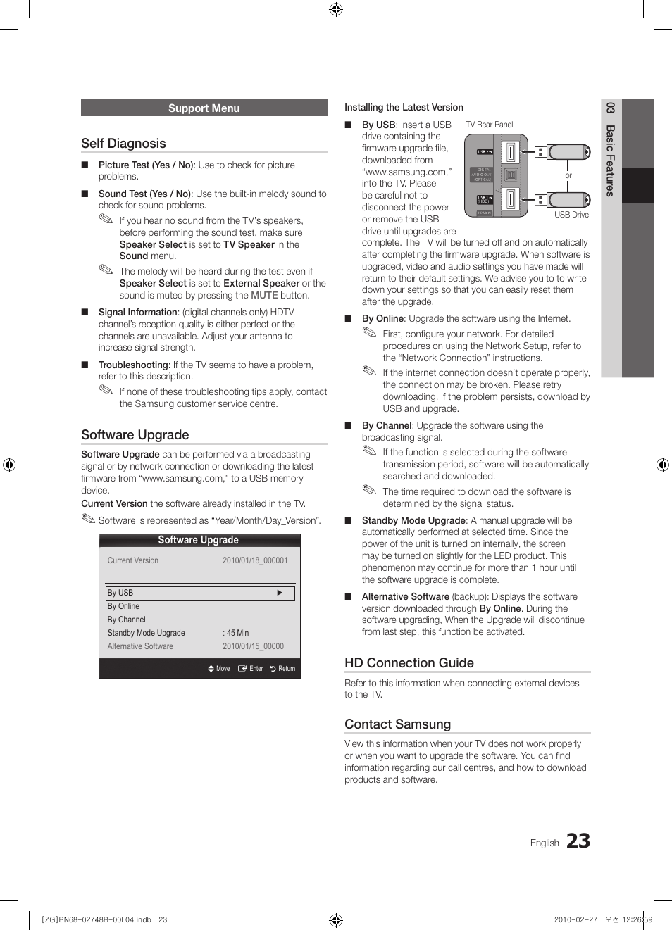 Self diagnosis, Software upgrade, Hd connection guide | Contact samsung | Samsung UE37C6000RW User Manual | Page 23 / 217