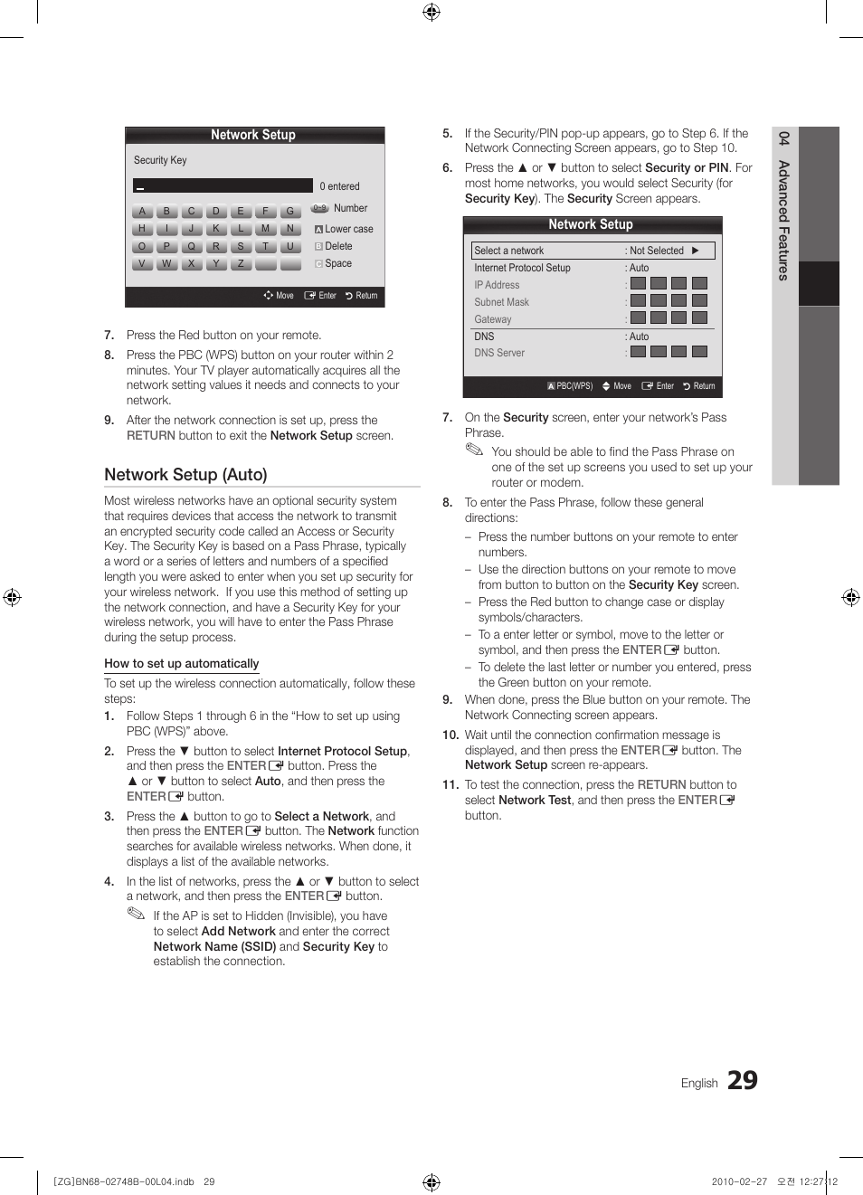 Network setup (auto) | Samsung UE37C6000RW User Manual | Page 29 / 217