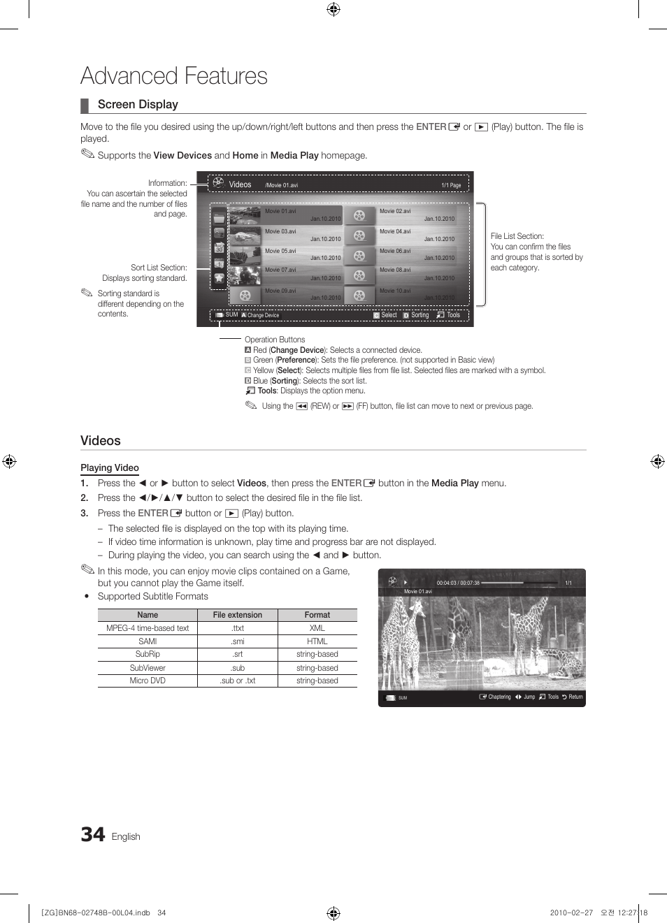 Advanced features, Videos, Screen display | Samsung UE37C6000RW User Manual | Page 34 / 217
