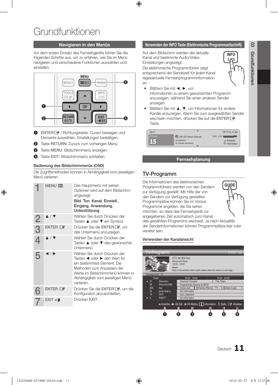 Grundfunktionen, Tv-programm | Samsung UE37C6000RW User Manual | Page 65 / 217