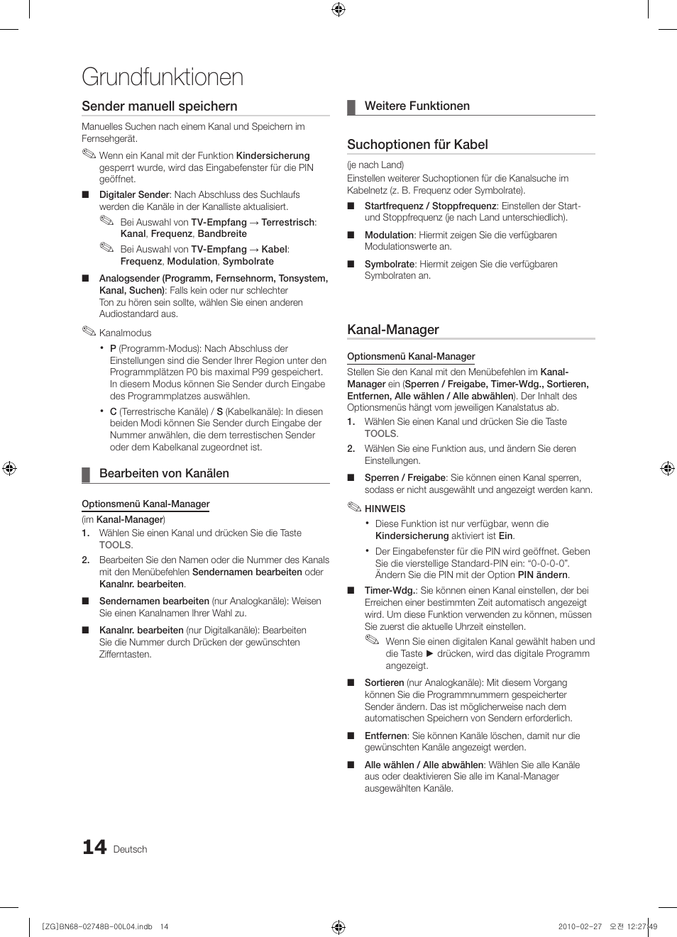 Grundfunktionen, Sender manuell speichern, Suchoptionen für kabel | Kanal-manager | Samsung UE37C6000RW User Manual | Page 68 / 217