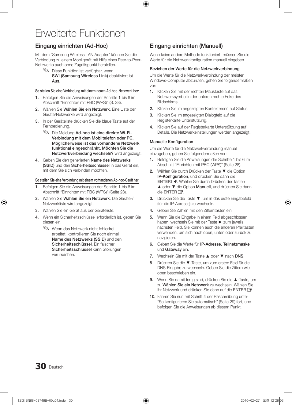 Erweiterte funktionen, Eingang einrichten (ad-hoc), Eingang einrichten (manuell) | Samsung UE37C6000RW User Manual | Page 84 / 217