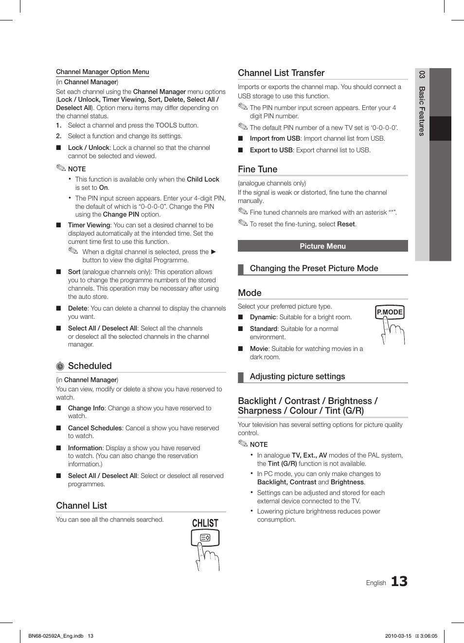 Scheduled, Channel list, Channel list transfer | Fine tune, Mode | Samsung LE32C450E1W User Manual | Page 13 / 157