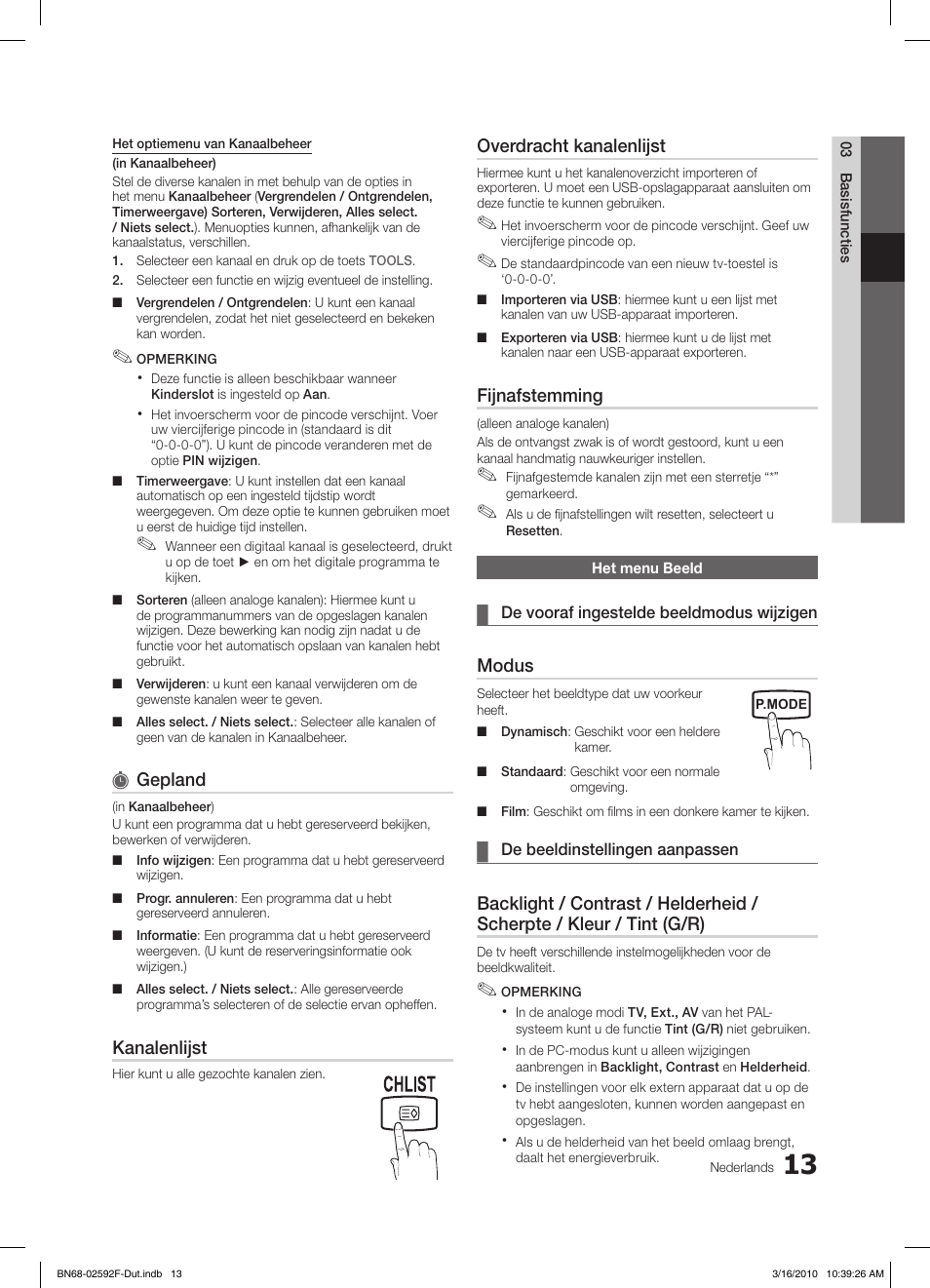 Gepland, Kanalenlijst, Overdracht kanalenlijst | Fijnafstemming, Modus | Samsung LE32C450E1W User Manual | Page 130 / 157