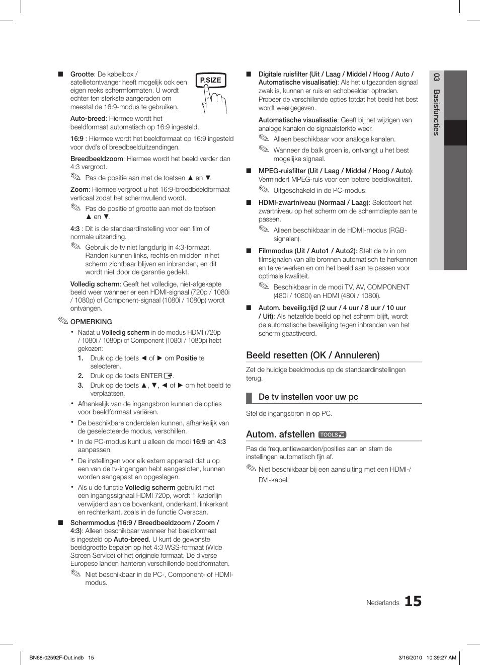 Beeld resetten (ok / annuleren), Autom. afstellen | Samsung LE32C450E1W User Manual | Page 132 / 157