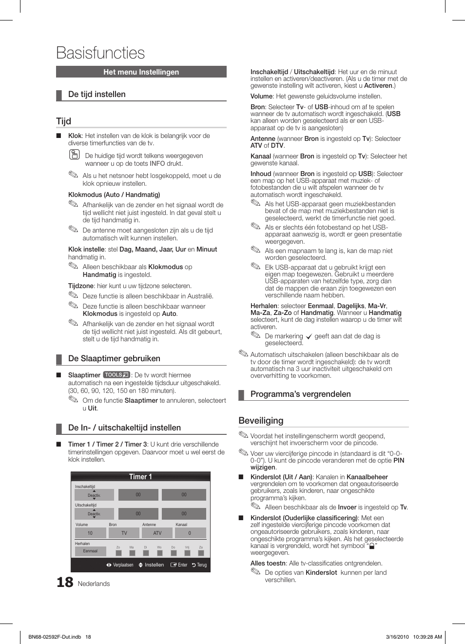 Basisfuncties, Tijd, Beveiliging | Samsung LE32C450E1W User Manual | Page 135 / 157