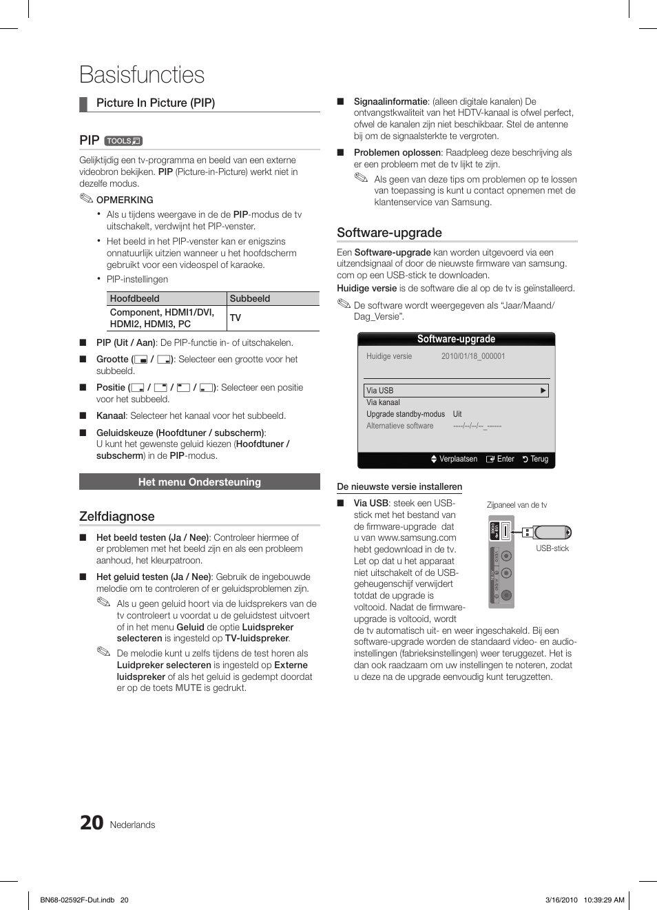 Basisfuncties, Zelfdiagnose, Software-upgrade | Samsung LE32C450E1W User Manual | Page 137 / 157