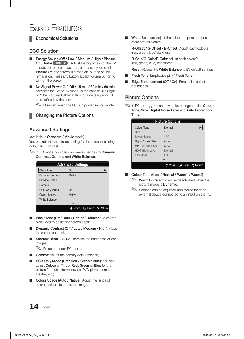 Basic features, Eco solution, Advanced settings | Picture options | Samsung LE32C450E1W User Manual | Page 14 / 157