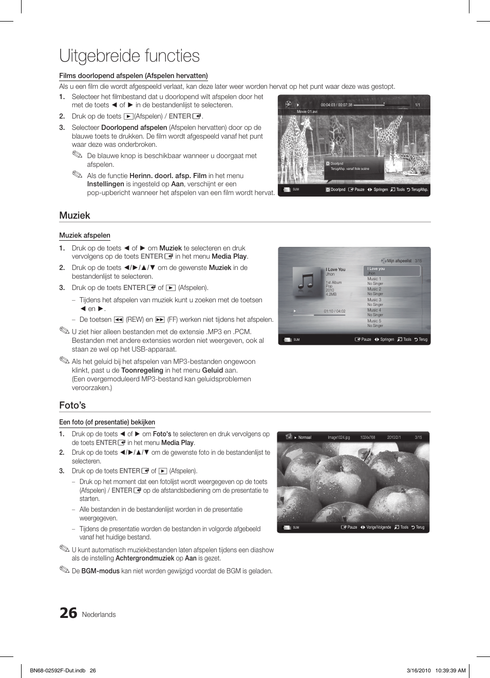 Uitgebreide functies, Muziek, Foto’s | Samsung LE32C450E1W User Manual | Page 143 / 157