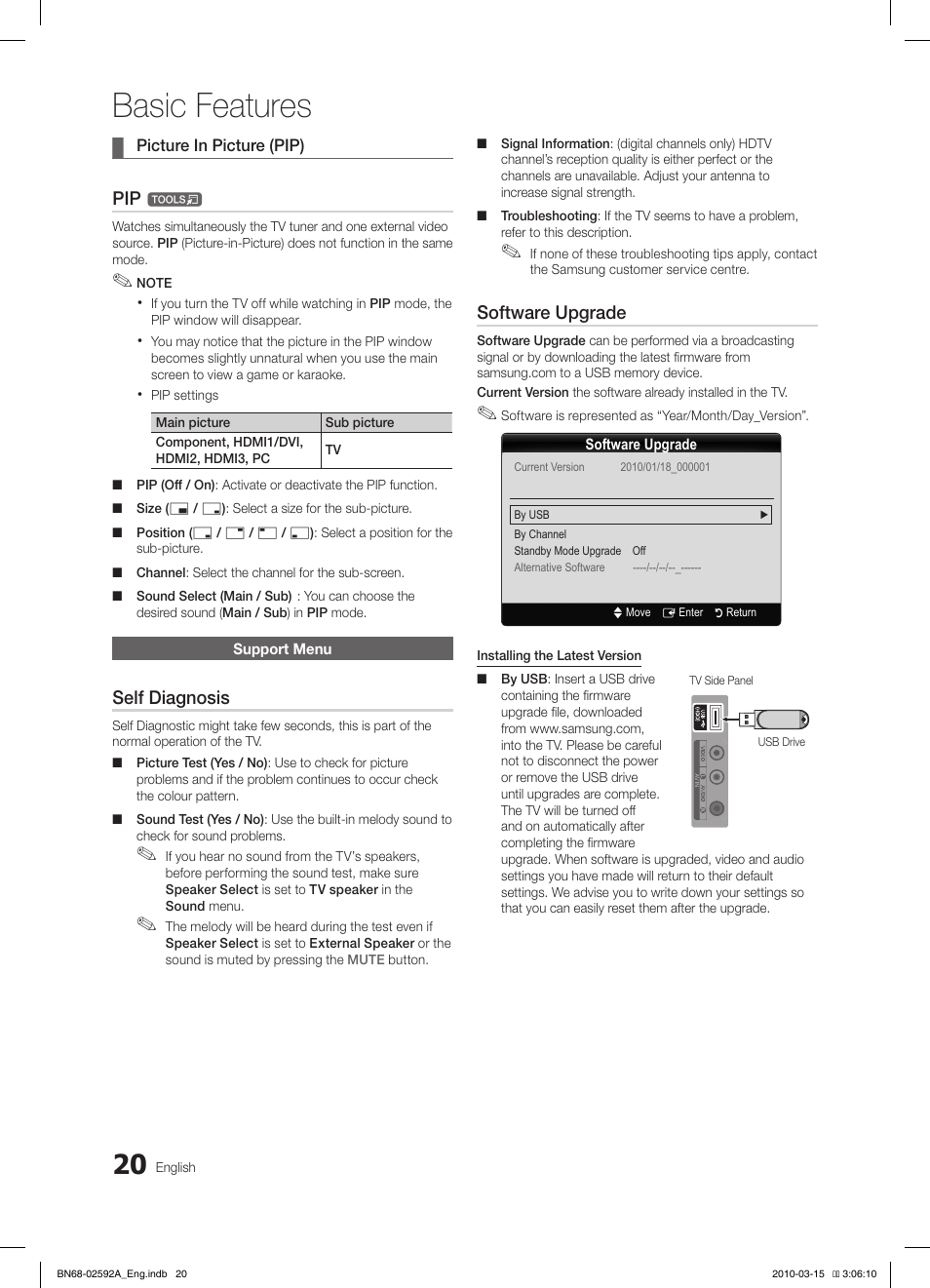 Basic features, Self diagnosis, Software upgrade | Samsung LE32C450E1W User Manual | Page 20 / 157