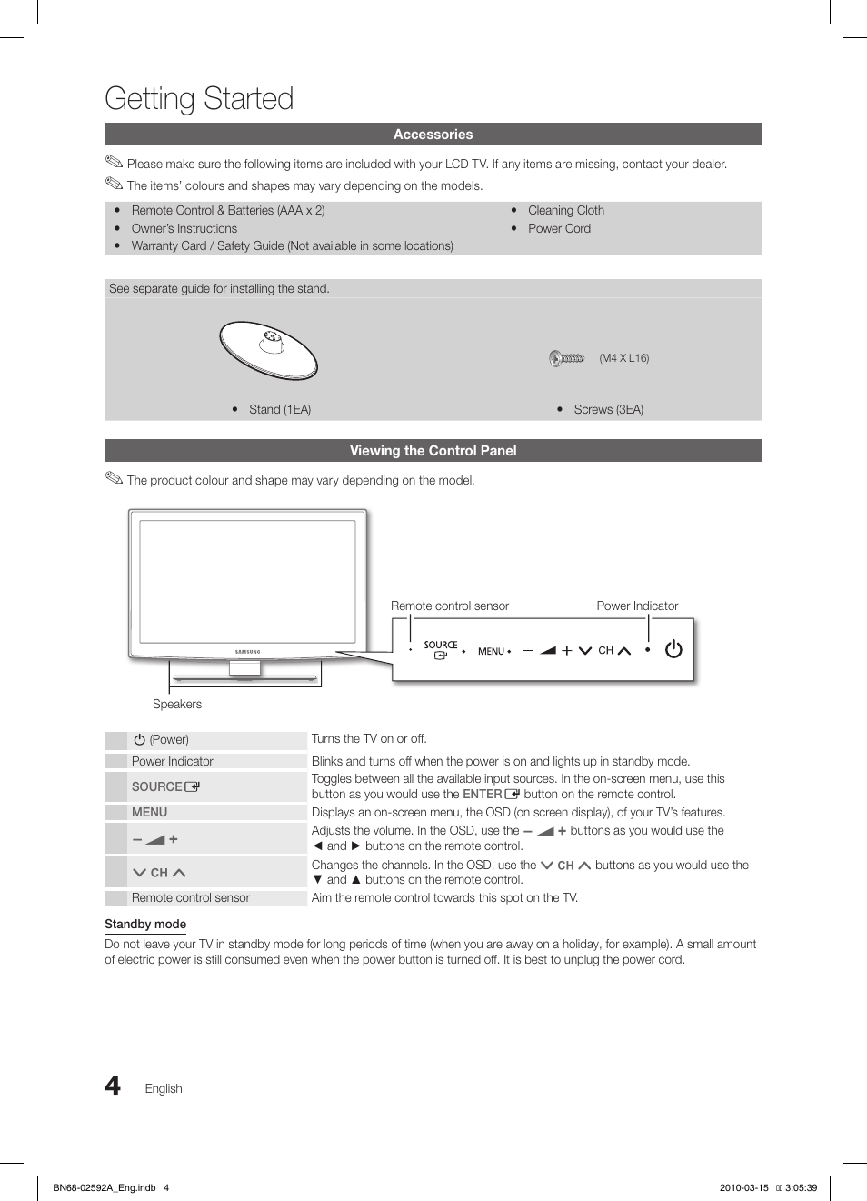Getting started | Samsung LE32C450E1W User Manual | Page 4 / 157
