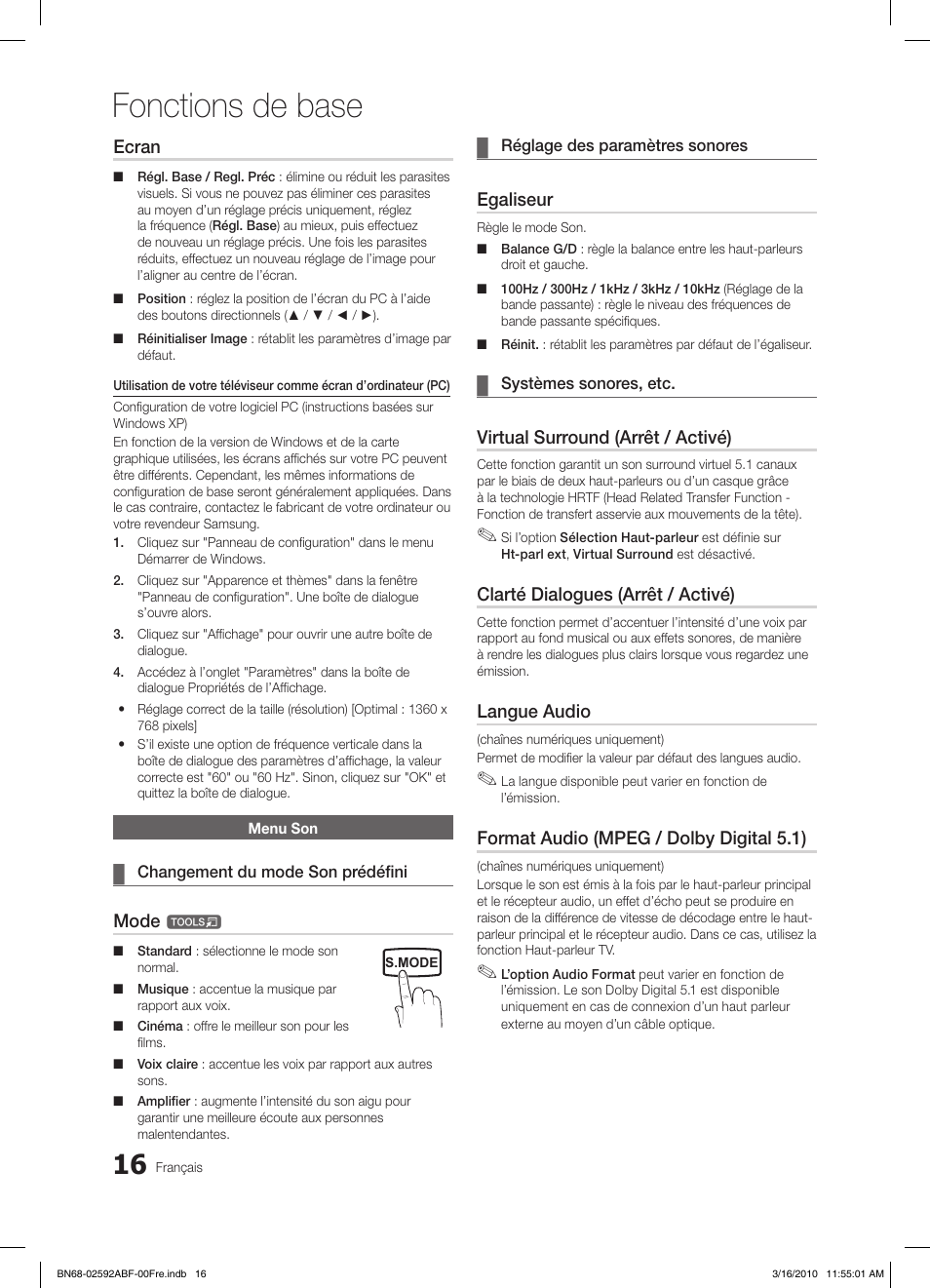 Fonctions de base, Ecran, Mode | Egaliseur, Virtual surround (arrêt / activé), Clarté dialogues (arrêt / activé), Langue audio, Format audio (mpeg / dolby digital 5.1) | Samsung LE32C450E1W User Manual | Page 55 / 157