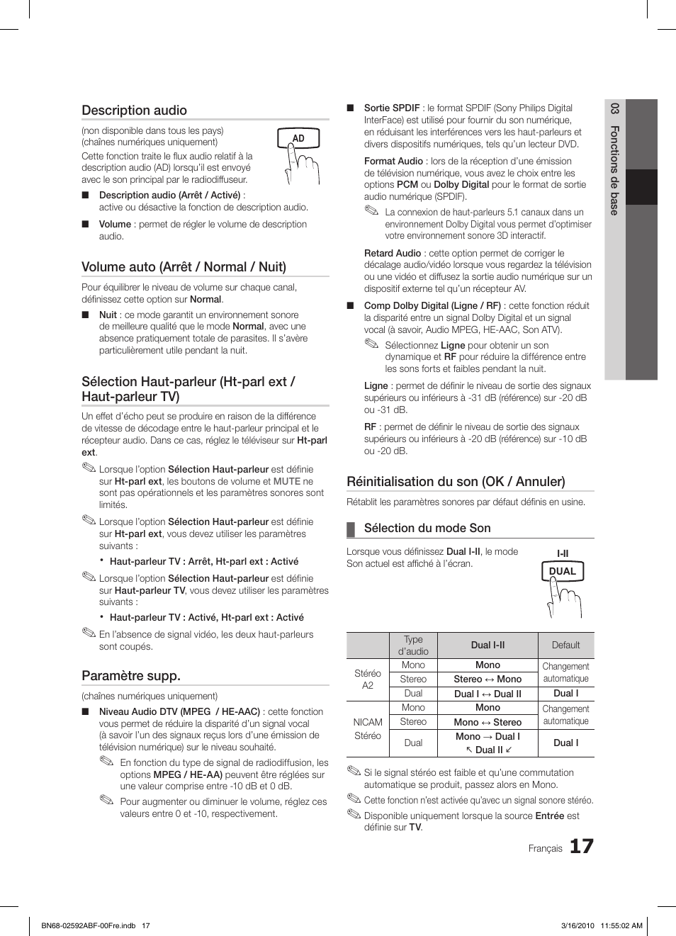 Description audio, Volume auto (arrêt / normal / nuit), Paramètre supp | Réinitialisation du son (ok / annuler) | Samsung LE32C450E1W User Manual | Page 56 / 157
