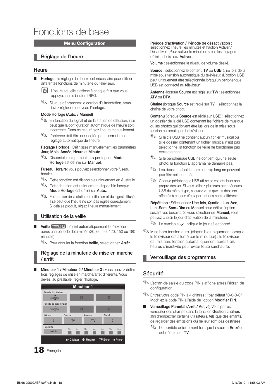 Fonctions de base, Heure, Sécurité | Samsung LE32C450E1W User Manual | Page 57 / 157