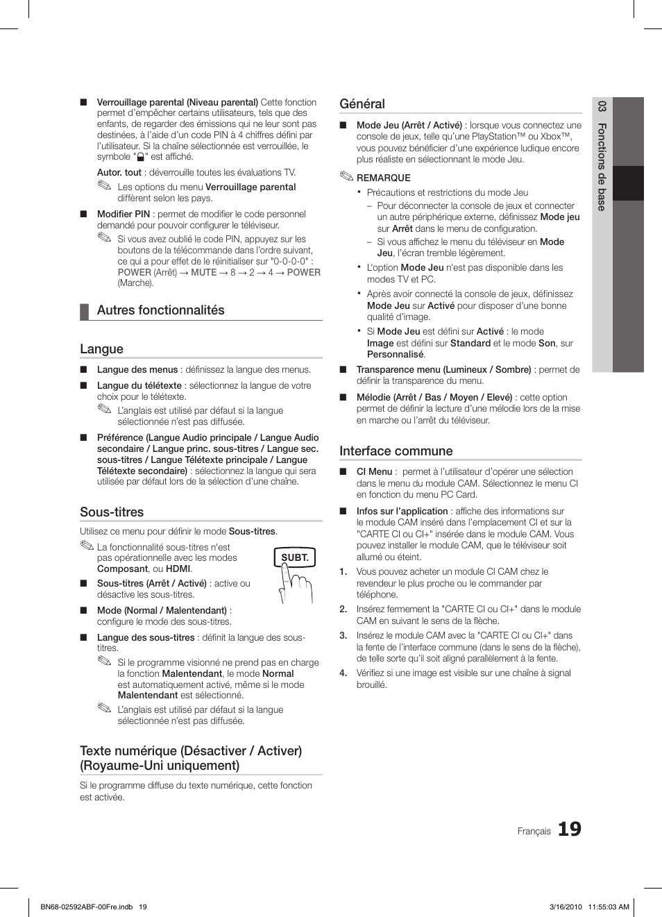 Autres fonctionnalités ¦ langue, Sous-titres, Général | Interface commune | Samsung LE32C450E1W User Manual | Page 58 / 157