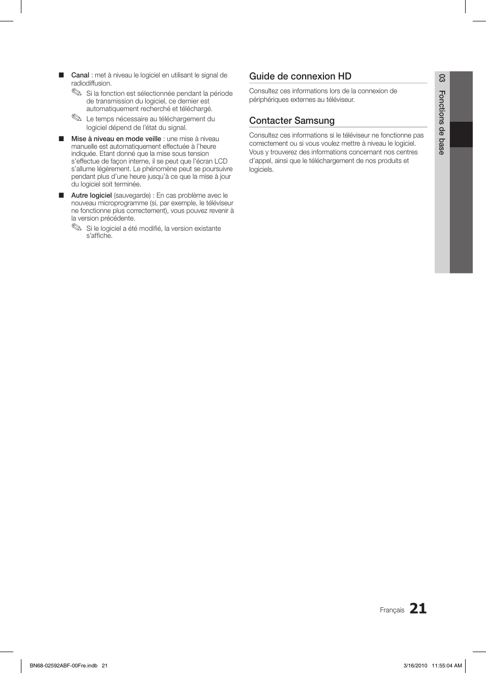 Guide de connexion hd, Contacter samsung | Samsung LE32C450E1W User Manual | Page 60 / 157