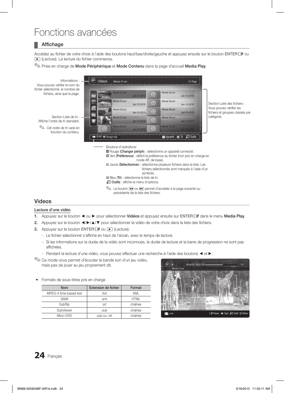 Fonctions avancées, Videos, Affichage | Samsung LE32C450E1W User Manual | Page 63 / 157