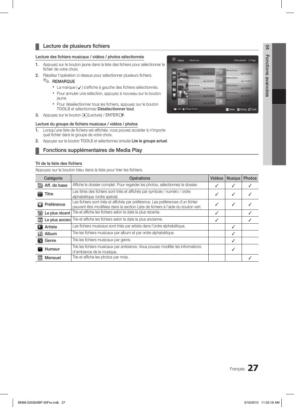 Lecture de plusieurs fichiers, Fonctions supplémentaires de media play | Samsung LE32C450E1W User Manual | Page 66 / 157