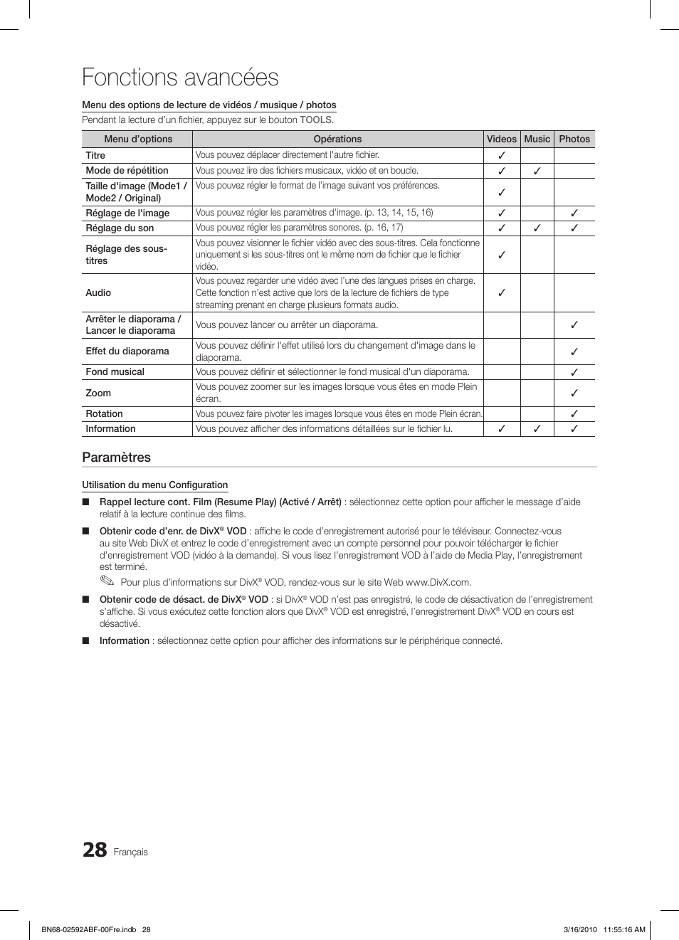 Fonctions avancées, Paramètres | Samsung LE32C450E1W User Manual | Page 67 / 157