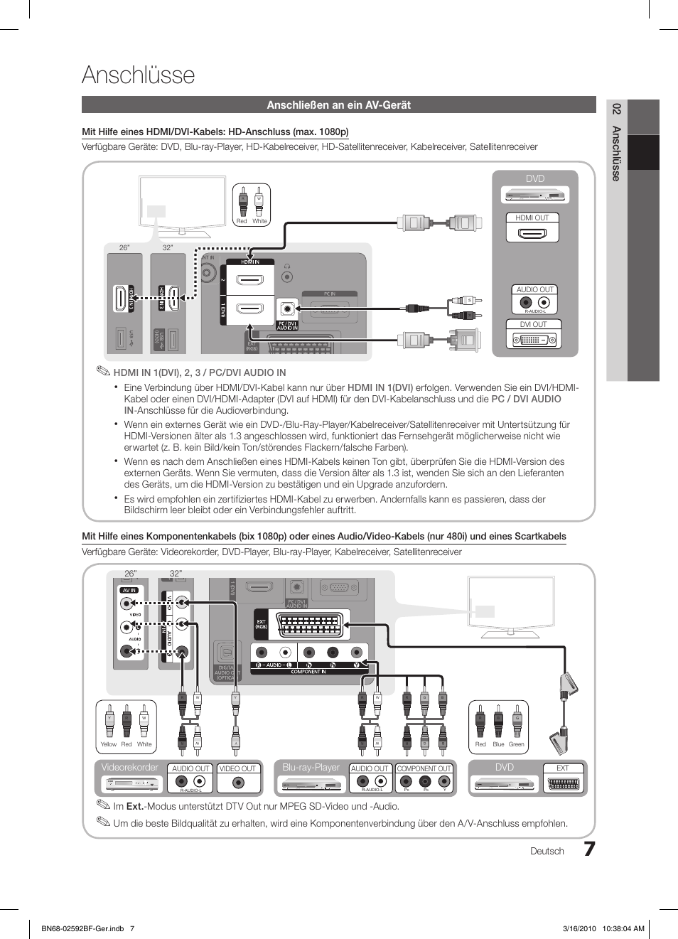 Anschlüsse, 02 anschlüsse, Anschließen an ein av-gerät | Deutsch, Eine verbindung über hdmi/dvi-kabel kann nur über, Blu-ray-player dvd videorekorder | Samsung LE32C450E1W User Manual | Page 85 / 157