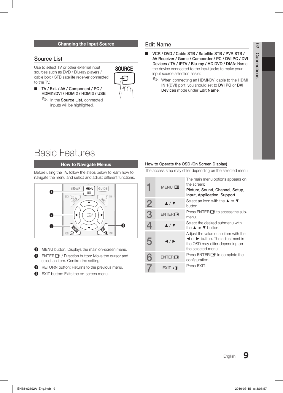 Basic features, Source list, Edit name | Samsung LE32C450E1W User Manual | Page 9 / 157